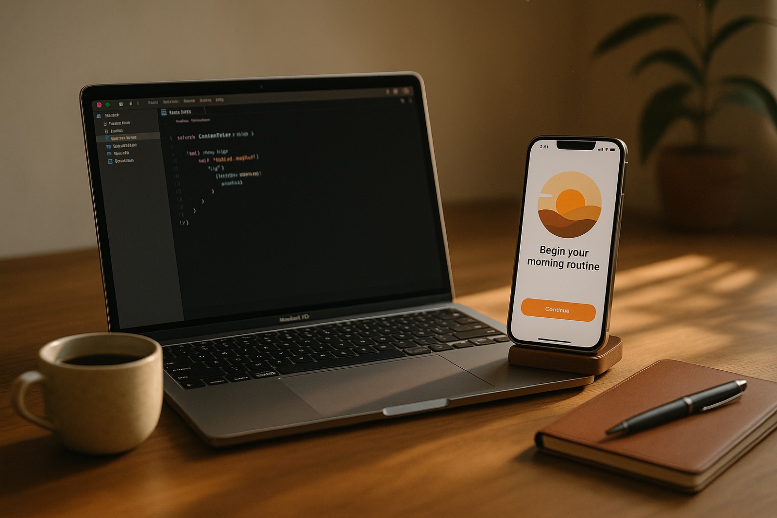 A Macbook with SwiftUI code and the resulting iOS app