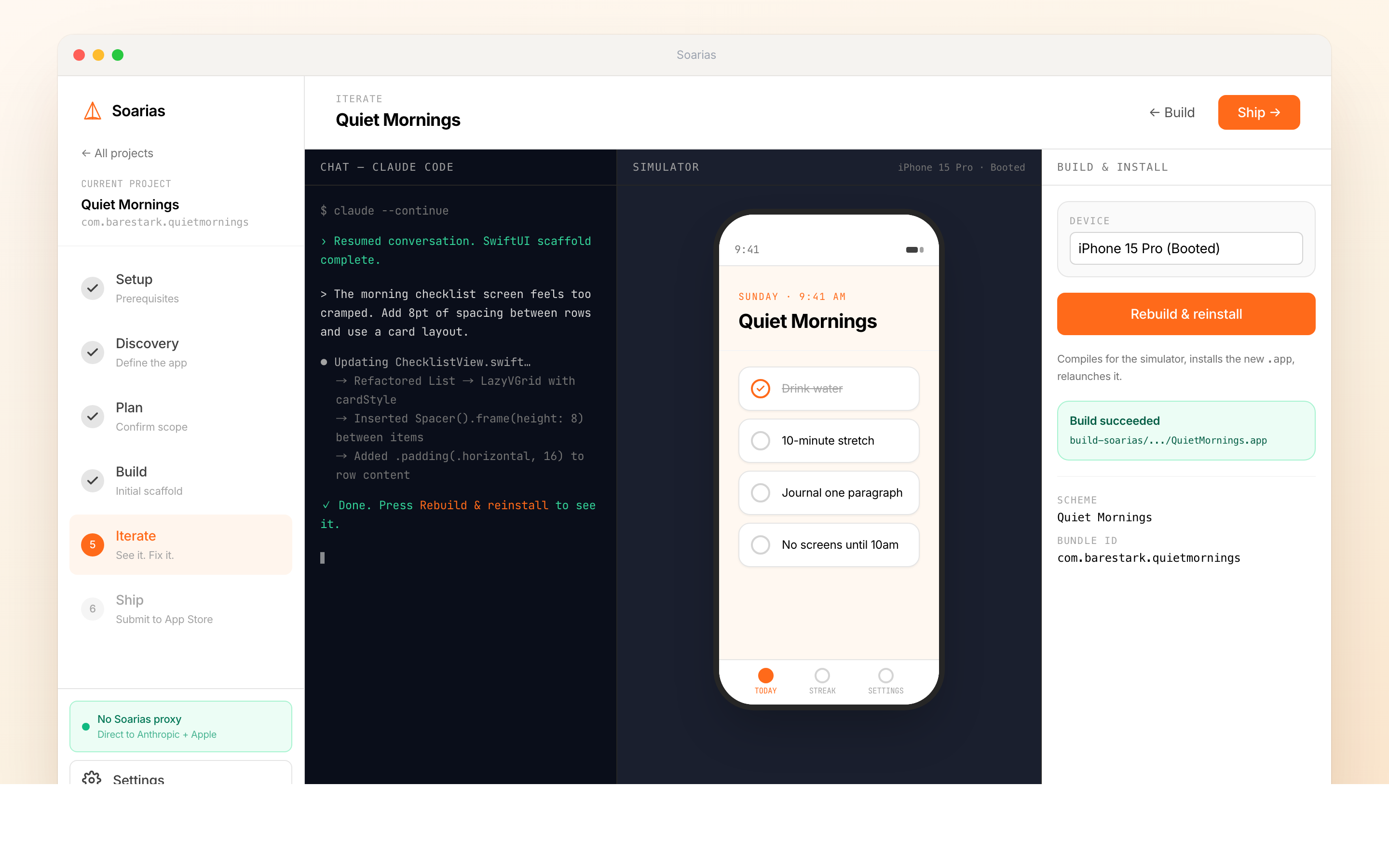 Soarias Iterate phase — chat, live simulator, one-button rebuild